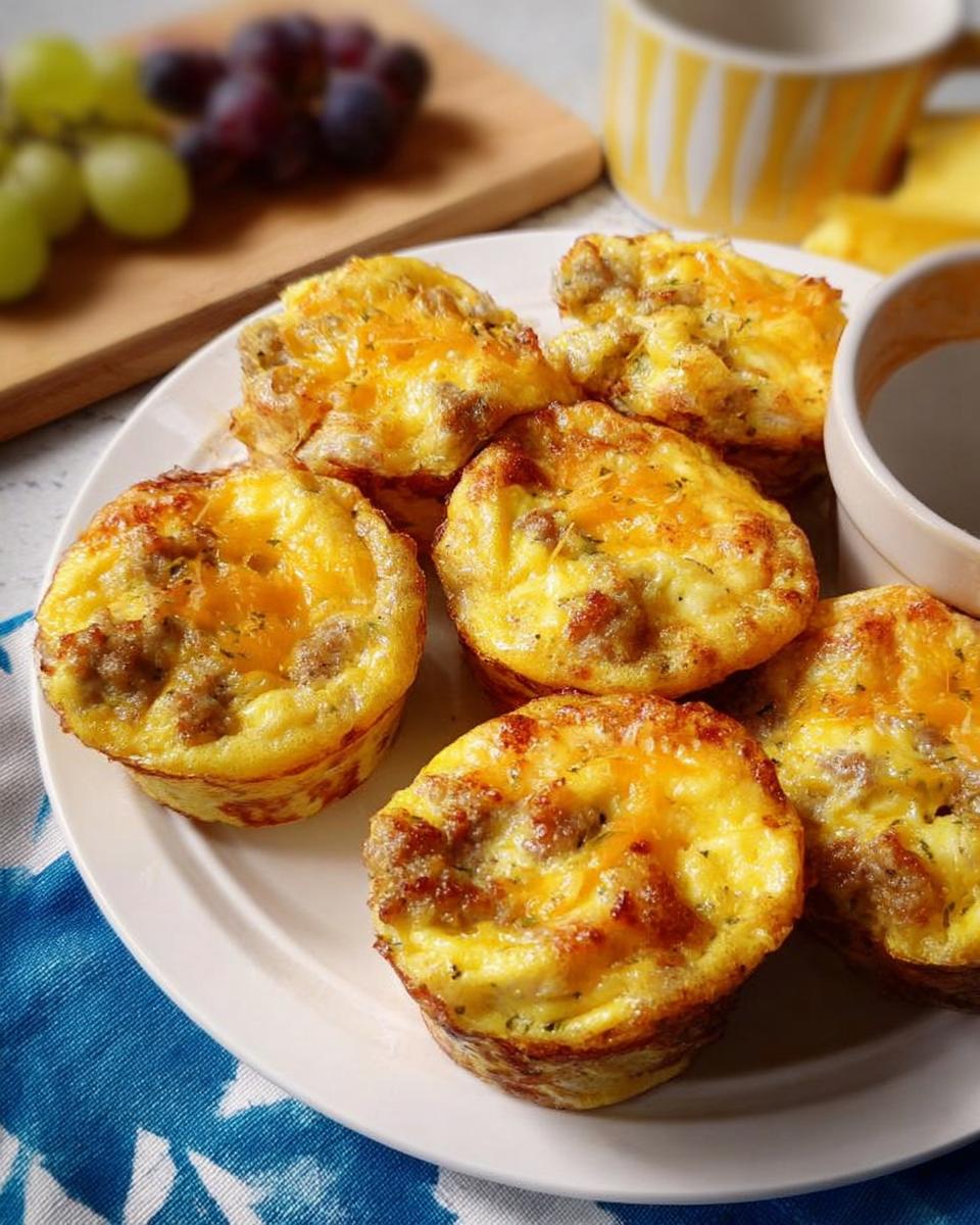 Six savory sausage and egg muffins topped with melted cheese, part of 20-Ingredient Breakfast Ideas Recipes.