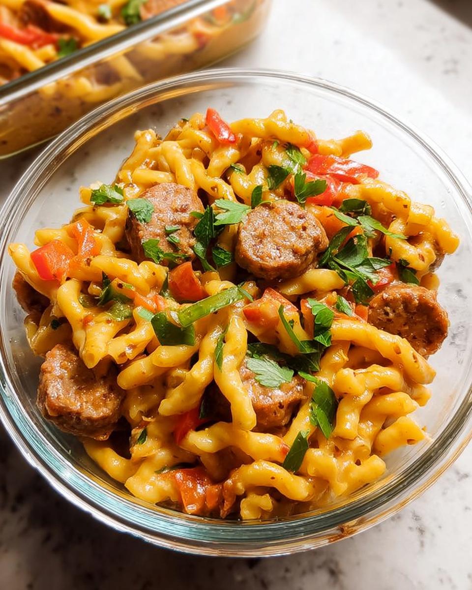 Close-up of a bowl of pasta with sausage, red peppers, and parsley, perfect for pasta recipes meal prep.