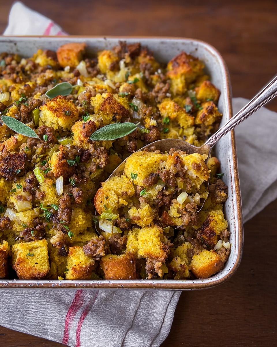 A spoonful of delicious sausage stuffing with cornbread, herbs, and sausage.