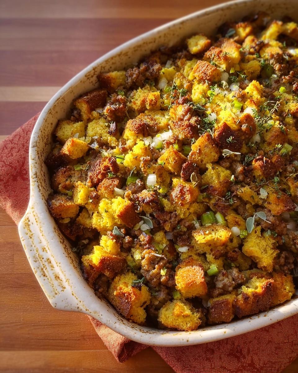 A close-up of a baked stuffing casserole with cornbread, sausage, and herbs, perfect for busy weeknights.