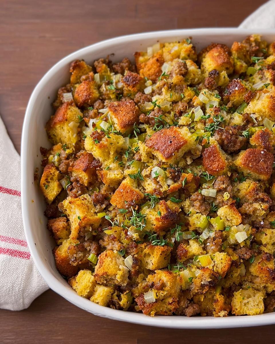 Close-up of a white baking dish filled with savory sausage stuffing, featuring golden bread cubes, crumbled sausage, and herbs.