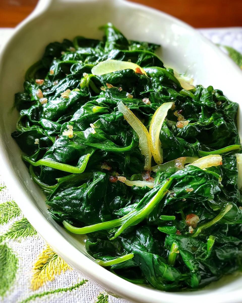 Close-up of a white dish filled with vibrant green sautéed spinach, garnished with thinly sliced lemon and bits of garlic.