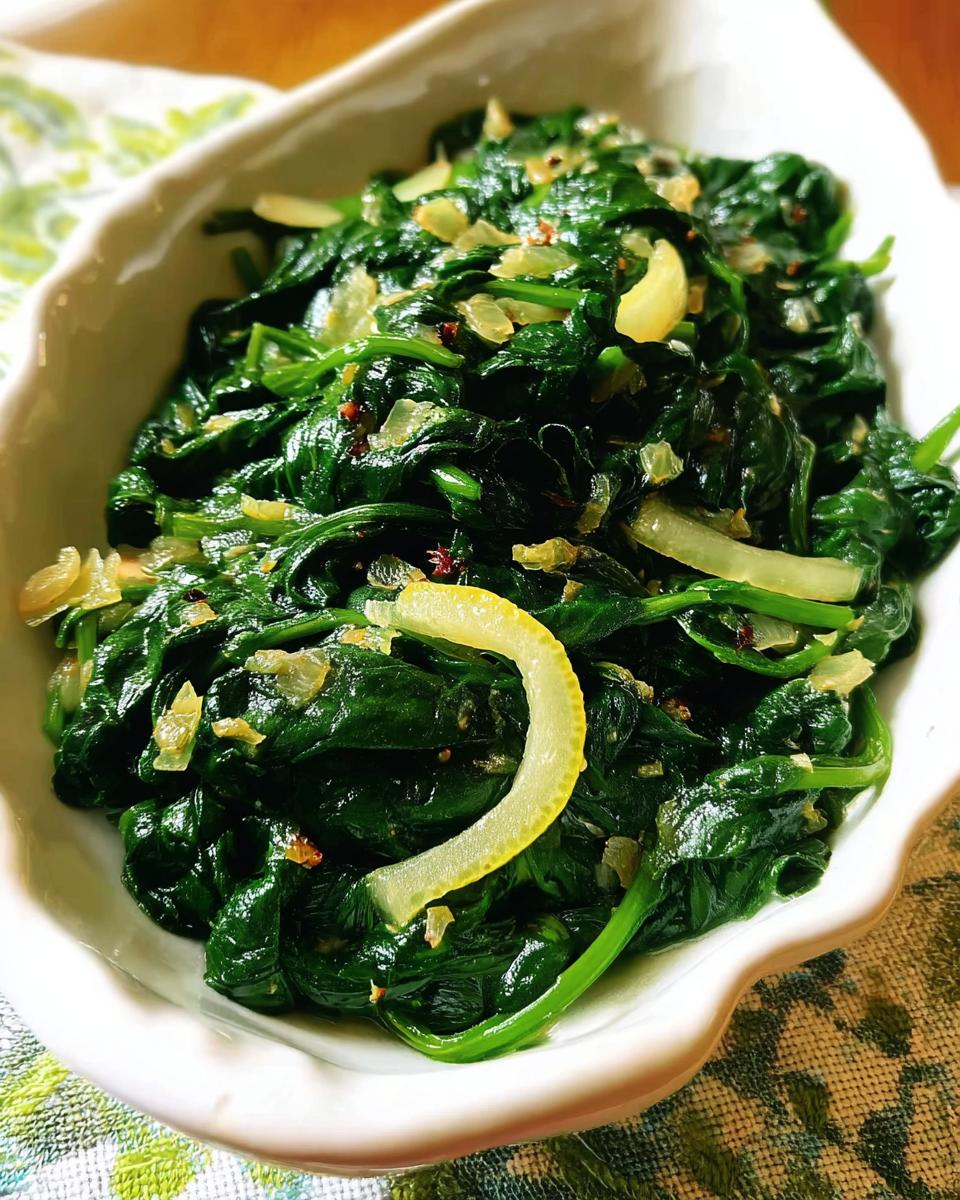 A close-up of a white bowl filled with sautéed spinach, garnished with lemon slices and red pepper flakes, part of 20-Ingredient Veggie Sides Recipes.