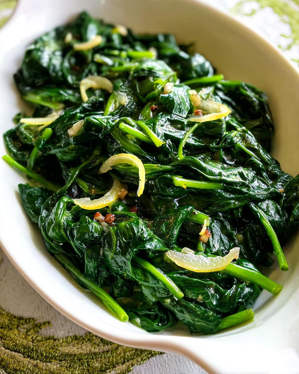 Close-up of sautéed spinach with thin slices of lemon and garlic, part of 20-Ingredient Veggie Sides Recipes.