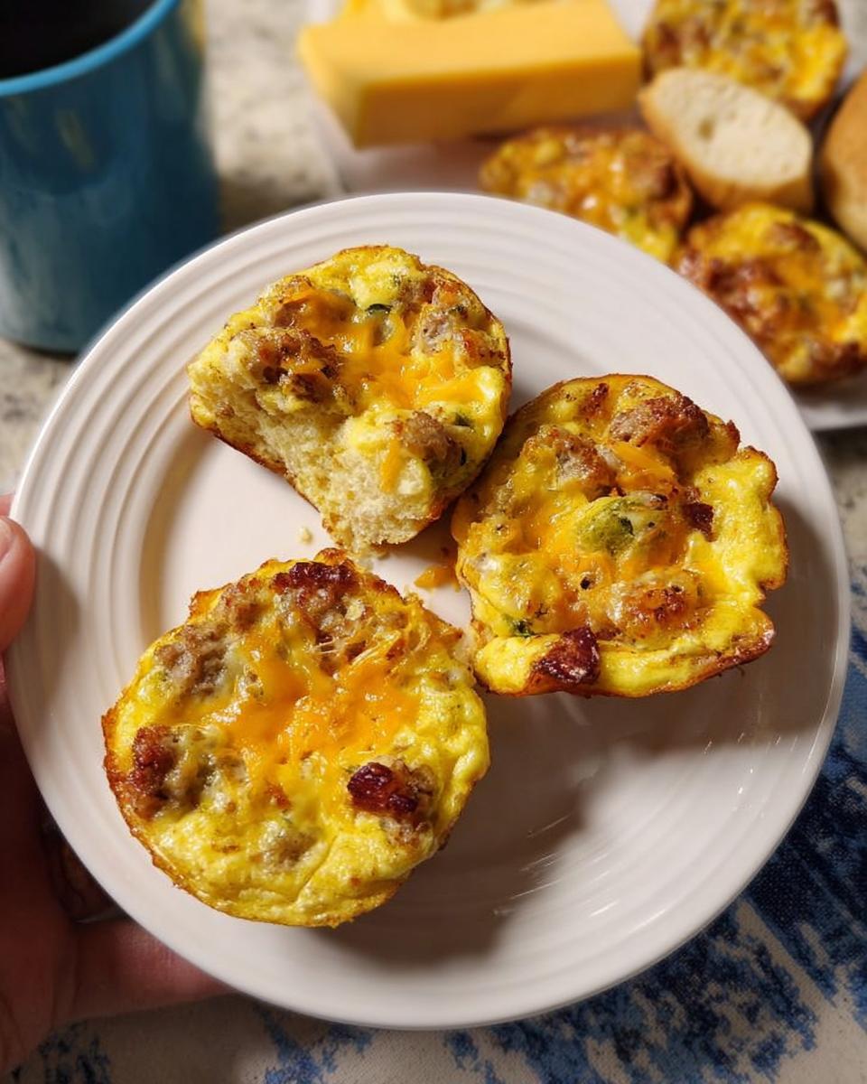 Three savory egg muffins with sausage, cheese, and bacon on a white plate, part of 20-Ingredient Breakfast Ideas.