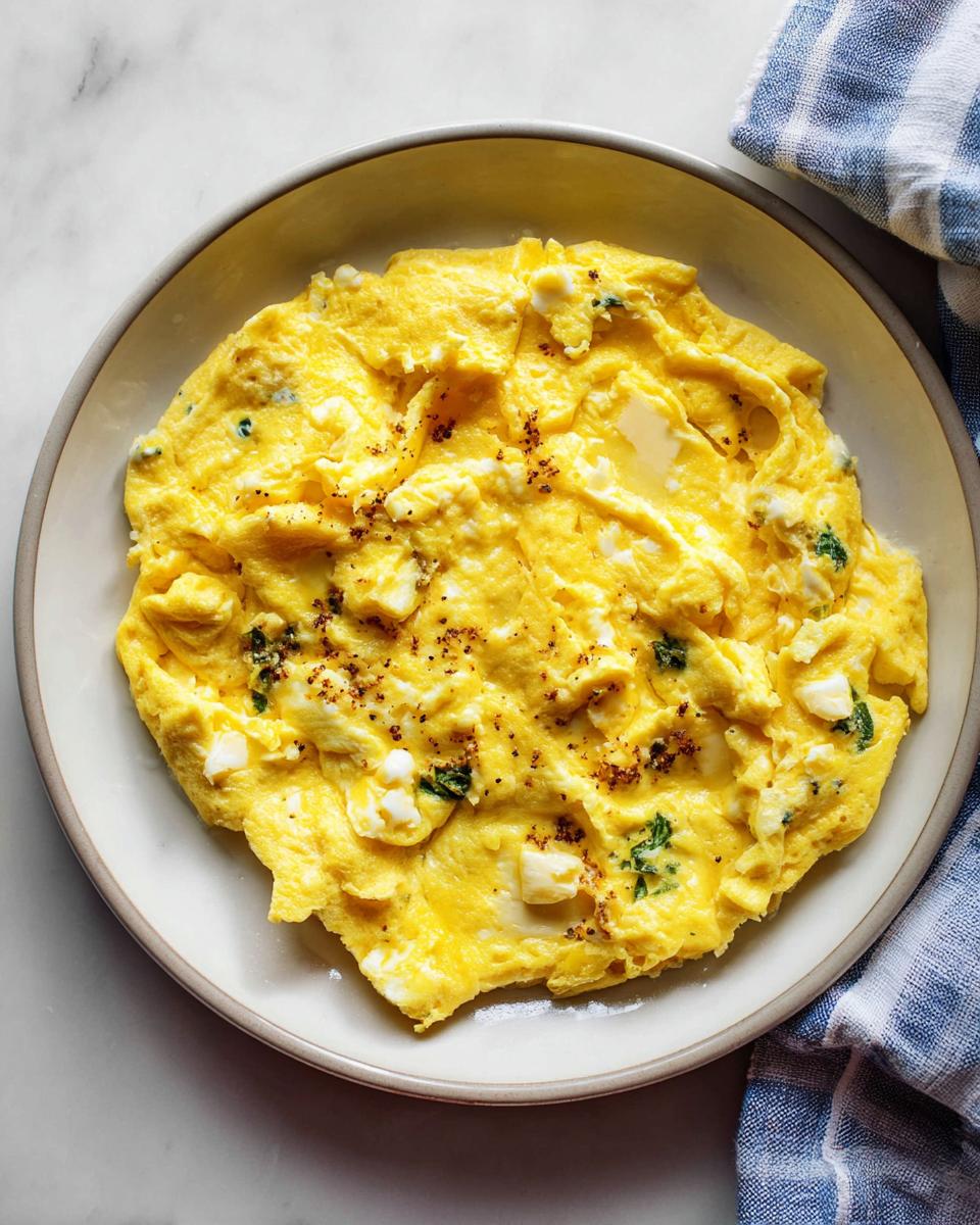 A fluffy scrambled egg recipe with visible pieces of cheese and green herbs, seasoned with pepper.