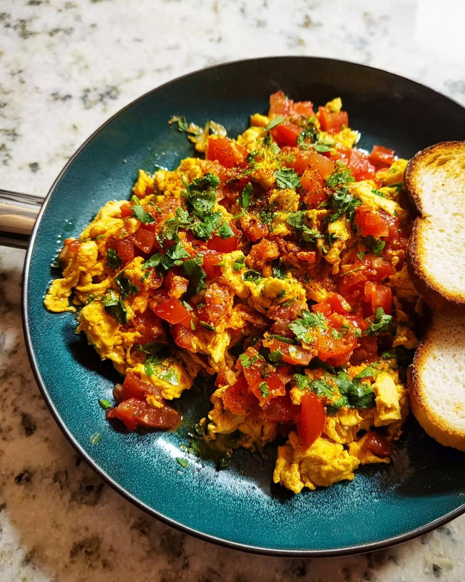 Scrambled egg recipes in 10 minutes, topped with diced tomatoes and fresh cilantro, served with toast.