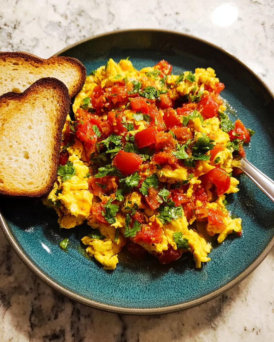 Scrambled egg recipes with diced tomatoes and fresh parsley, served with toasted bread.
