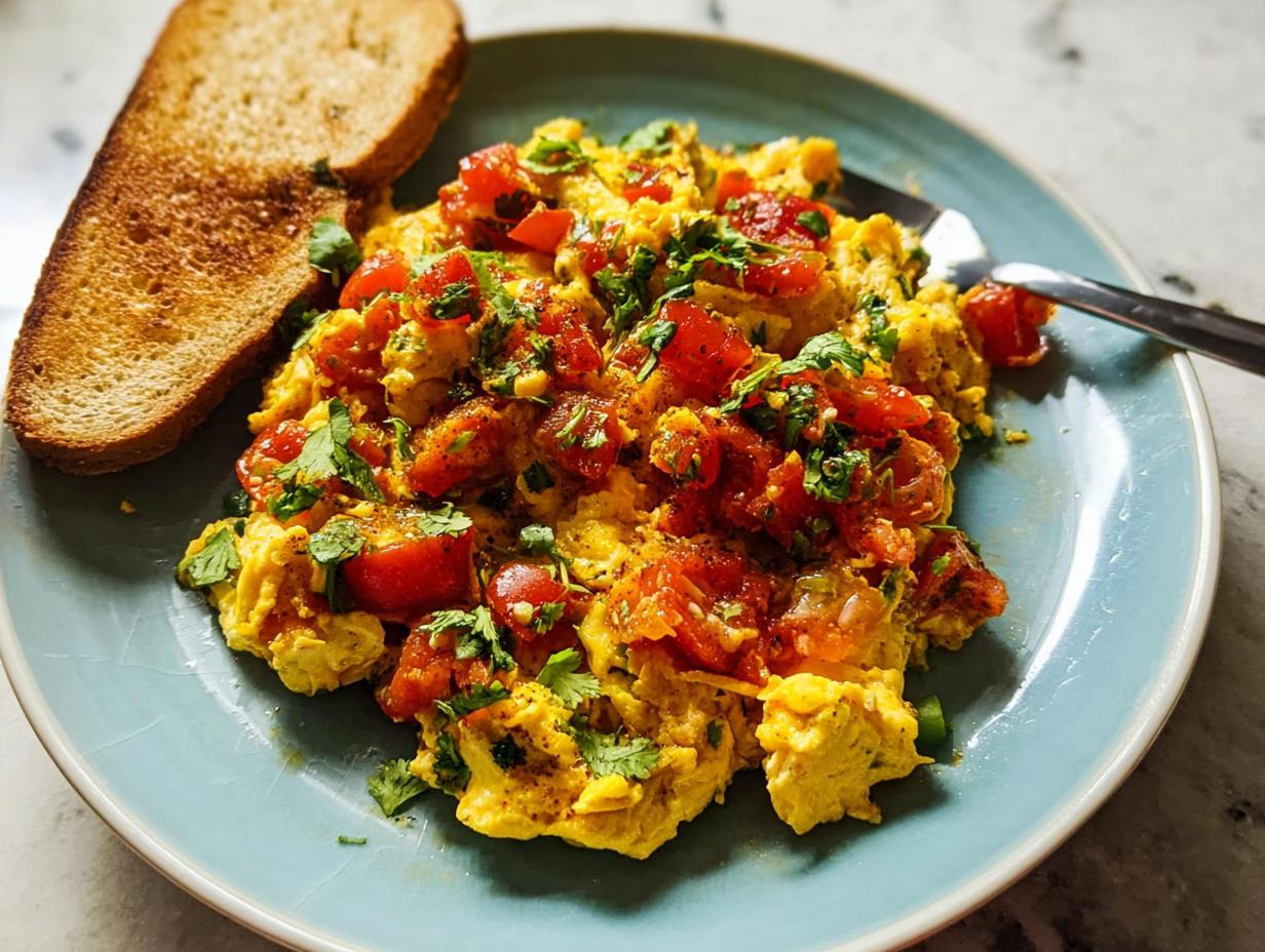 Scrambled egg recipes with fresh tomatoes and cilantro, served with a slice of toasted bread.