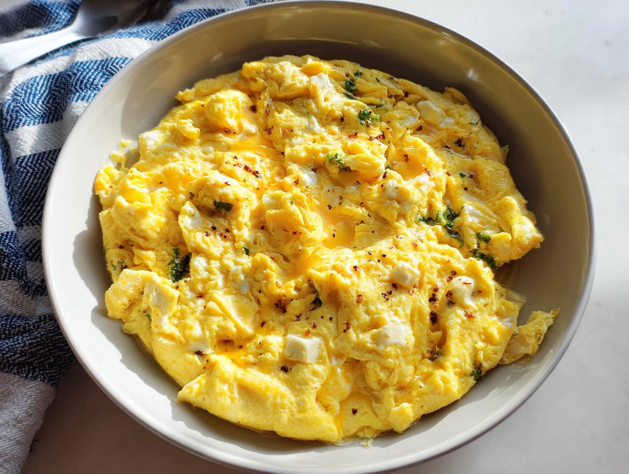 A close-up of fluffy scrambled eggs with feta cheese and herbs in a bowl, part of The Only Egg Recipes Recipe You’ll Need (2025).