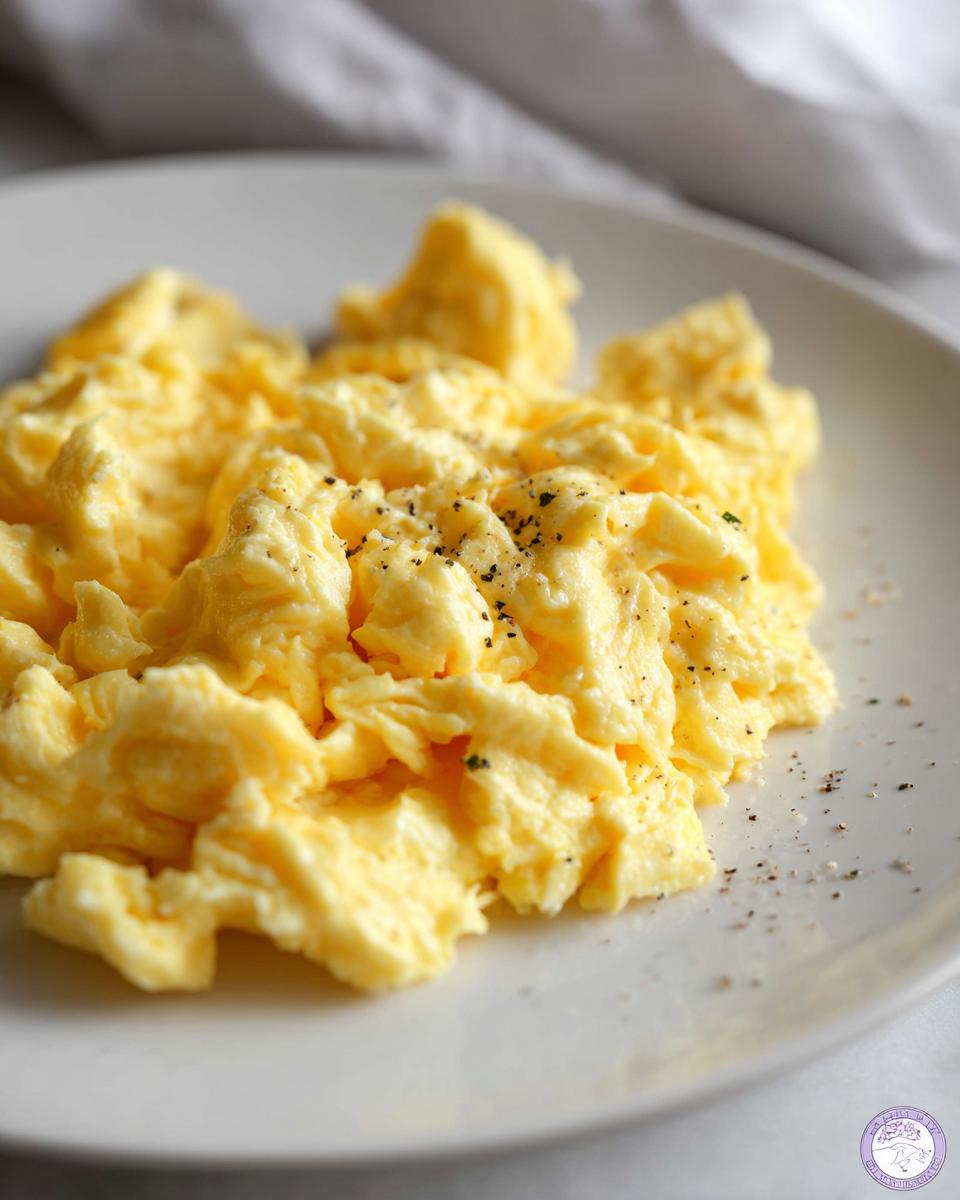 Fluffy scrambled eggs seasoned with black pepper and herbs, a key part of egg recipes.