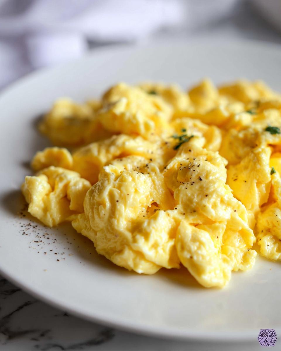 Fluffy scrambled eggs seasoned with black pepper and garnished with herbs, a perfect egg recipe.