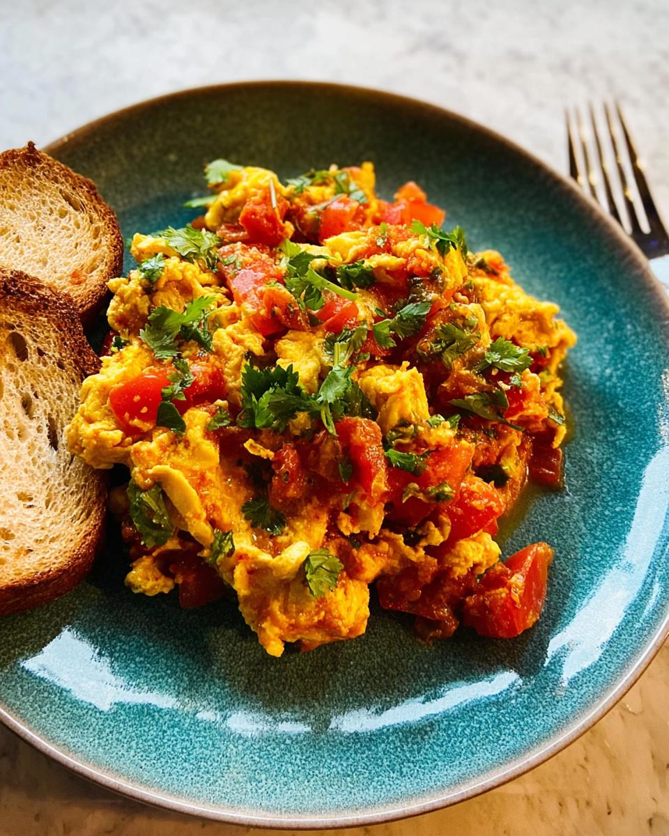 A plate of scrambled eggs with tomatoes and fresh cilantro, served with toasted bread. A quick and easy egg recipe.