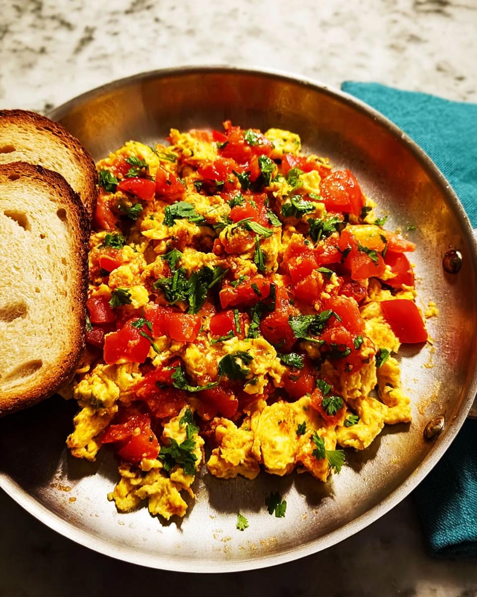 Scrambled eggs with diced tomatoes and parsley, served with toast. A quick and easy egg recipe.