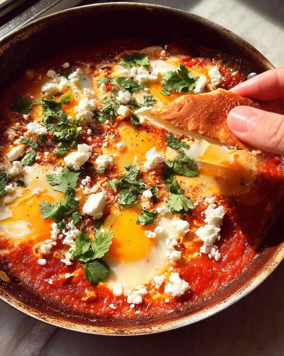 A hand dips bread into a pan of Shakshuka, a restaurant-style egg recipe with poached eggs in tomato sauce, feta, and cilantro.
