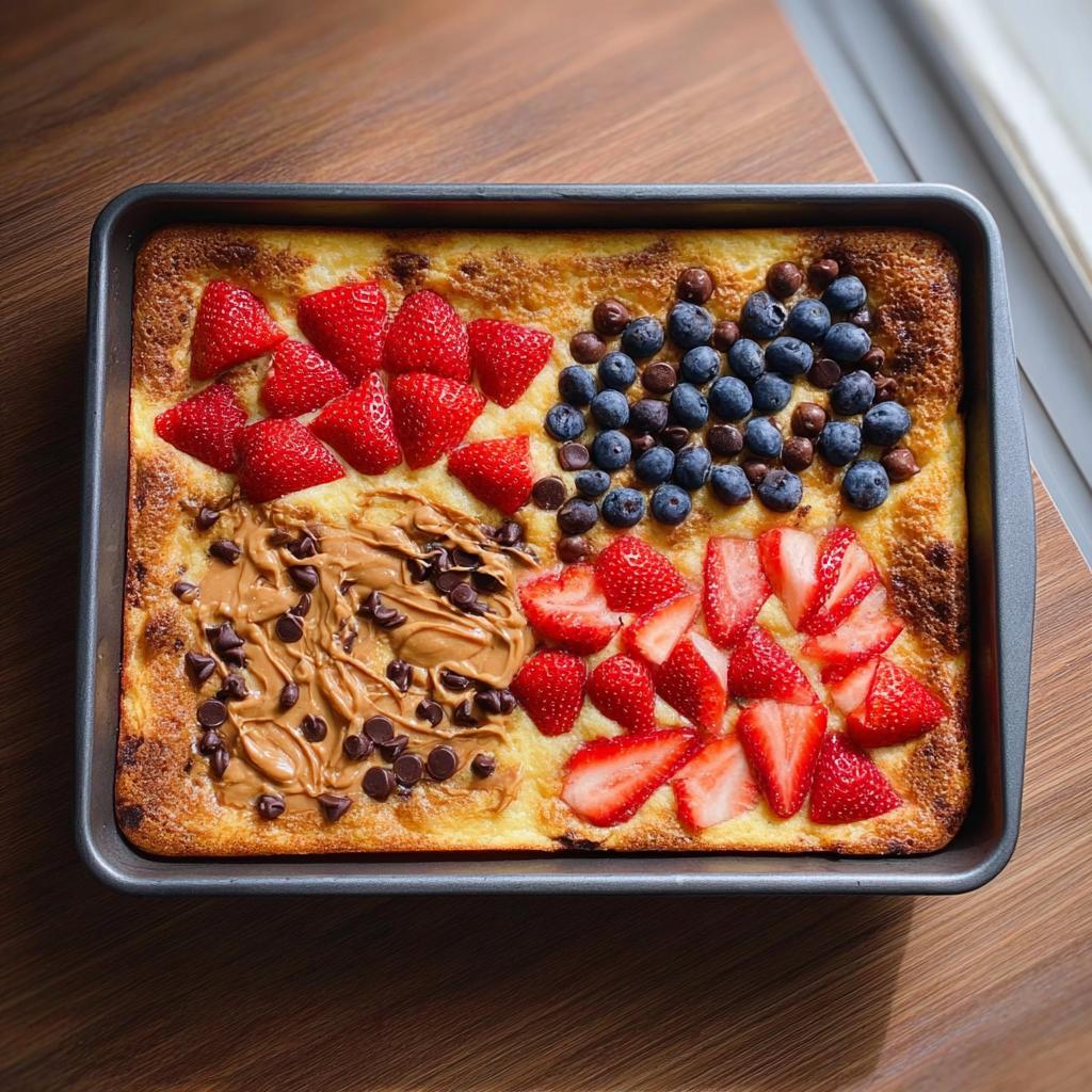 A colorful sheet pan breakfast featuring a pancake-like base topped with strawberries, blueberries, peanut butter, and chocolate chips.