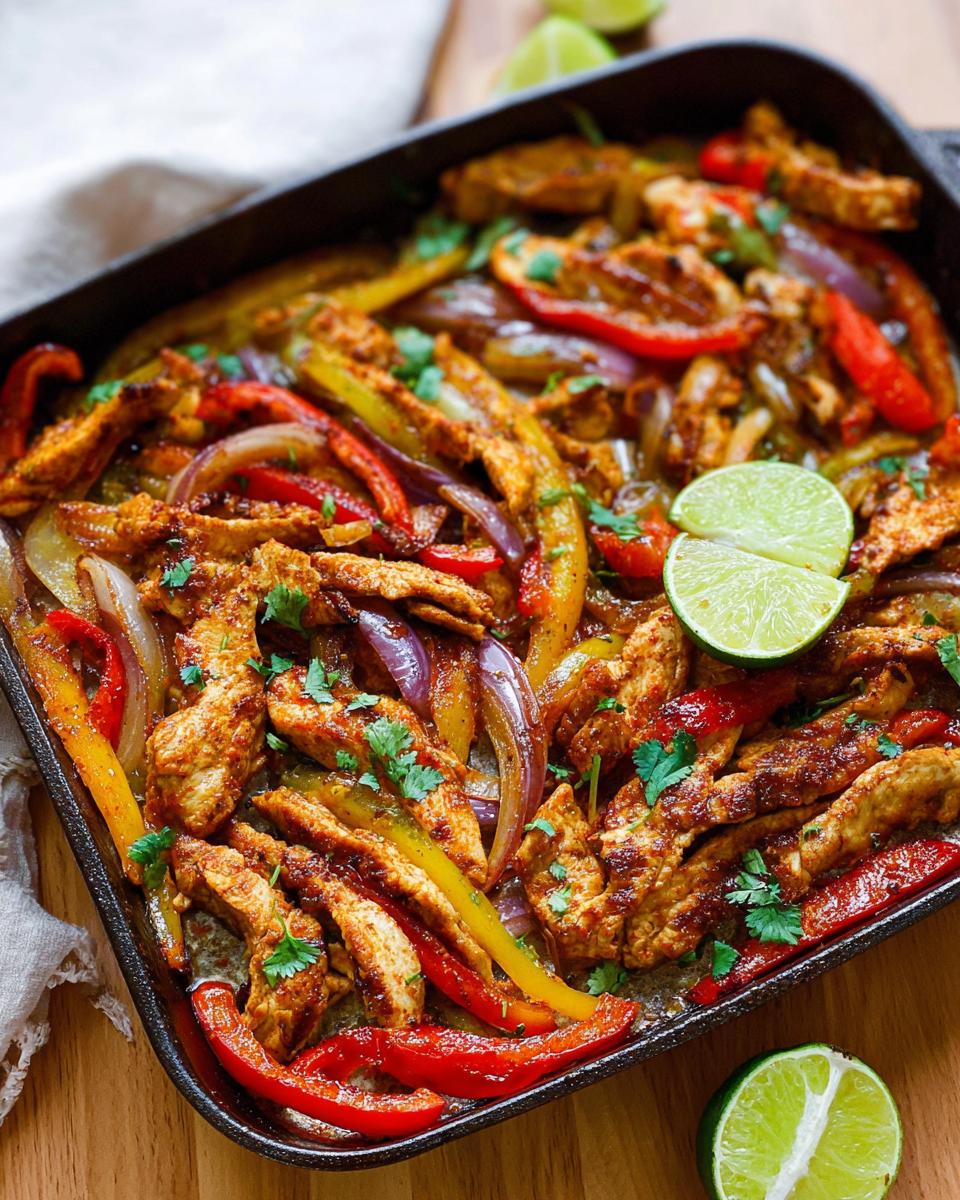 Close-up of sheet pan chicken fajitas with colorful bell peppers, onions, and lime wedges.