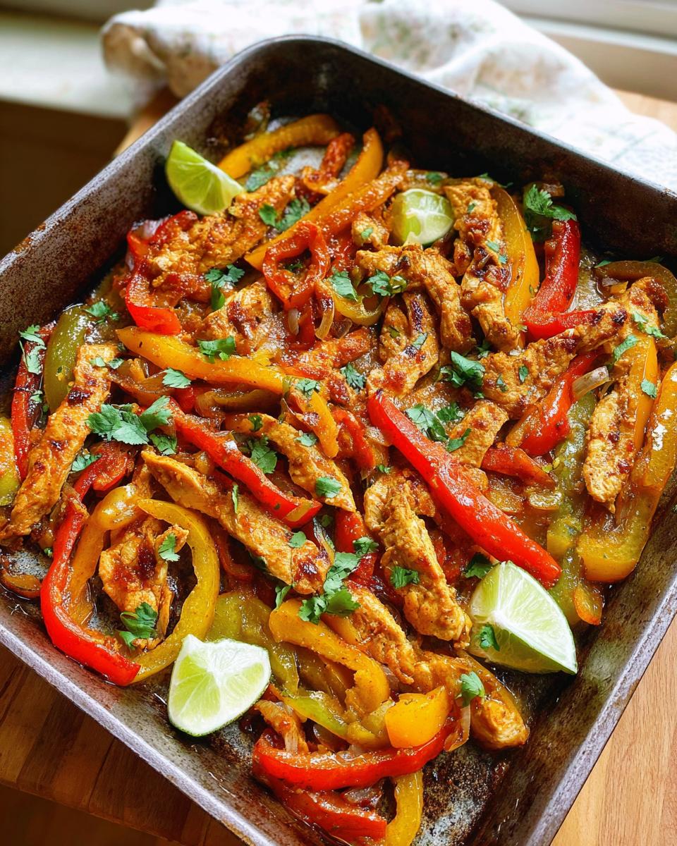 A close-up of colorful chicken fajitas with bell peppers and onions in a baking pan, garnished with lime and cilantro.