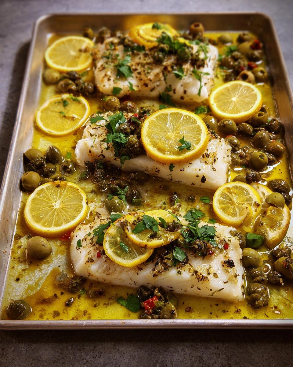 Three pieces of white fish baked on a sheet pan with lemon slices, olives, capers, and herbs.