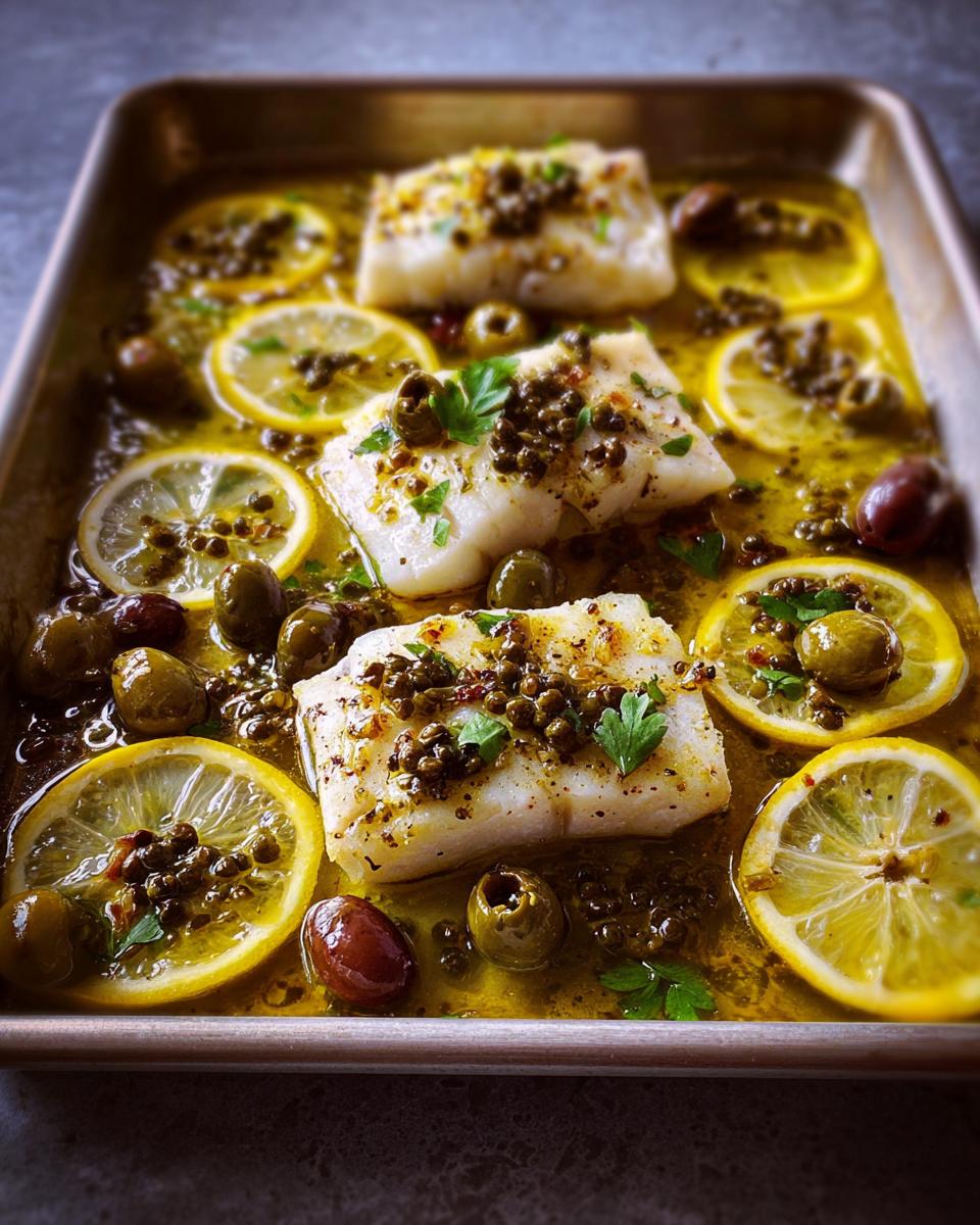 Three pieces of white fish baked on a sheet pan with lemon slices, olives, capers, and herbs.