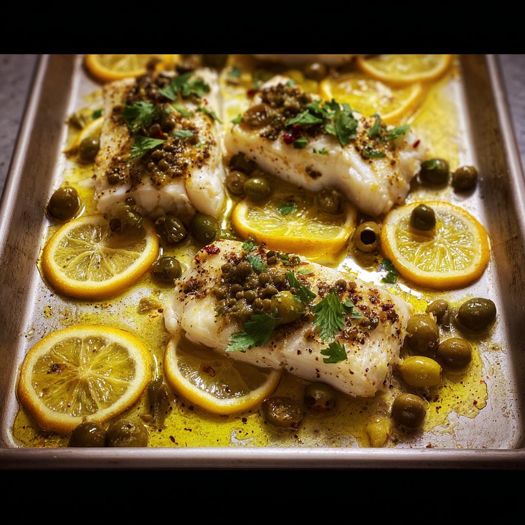 Three pieces of baked cod with lemon slices, olives, and capers on a baking sheet, a quick veggie side.