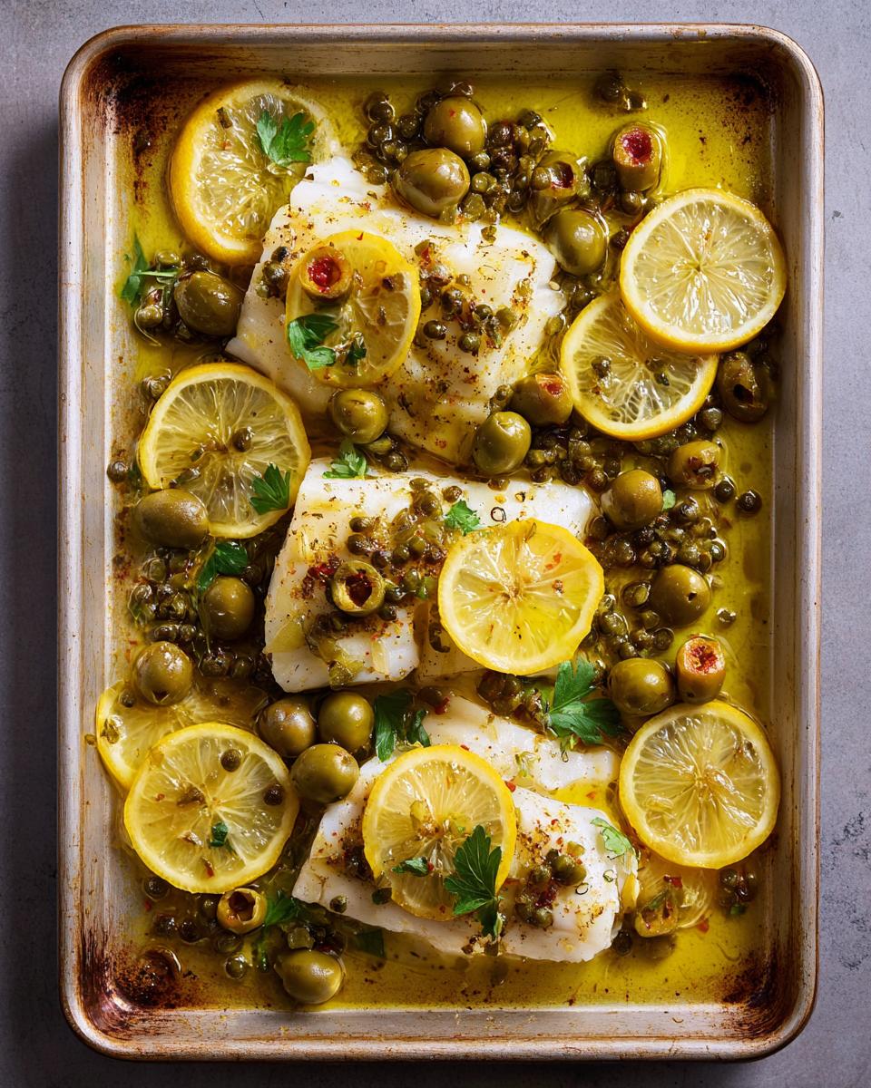 Sheet pan fish with lemon slices, olives, and capers, a quick and delicious veggie side dish.