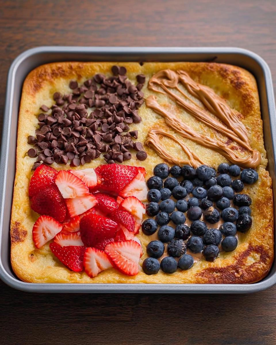 A sheet pan pancake topped with sliced strawberries, blueberries, chocolate chips, and drizzled peanut butter.