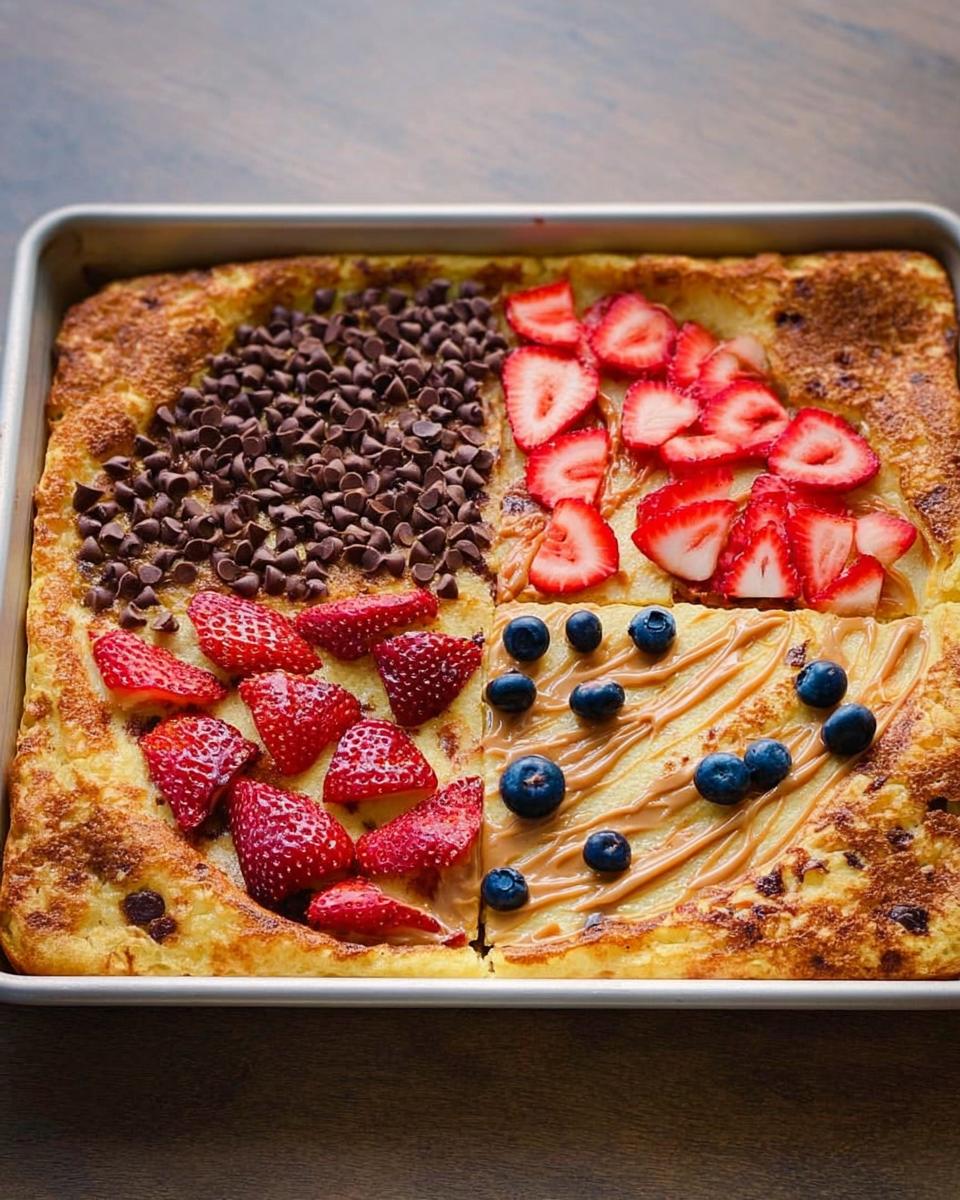 A sheet pan pancake divided into four sections with toppings: chocolate chips, strawberries, and blueberries with peanut butter drizzle.