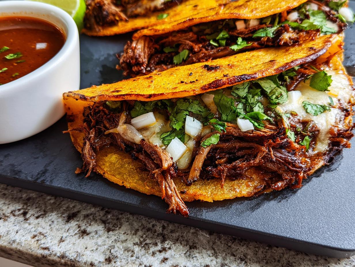 Close-up of shredded beef tacos with melted cheese, cilantro, and onions, served with a side of consommé for Taco Tuesday.