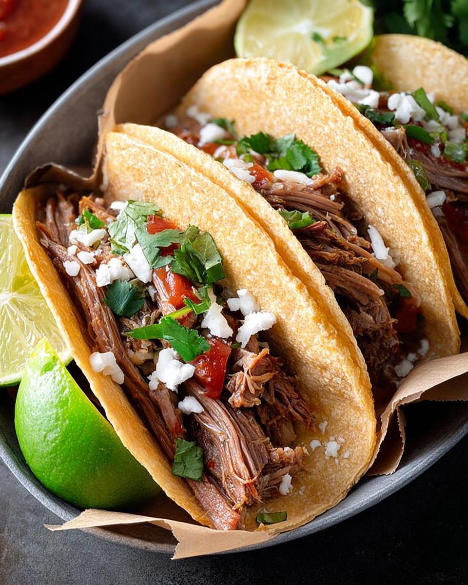 Close-up of three shredded beef tacos, topped with cilantro, onion, and cheese, served with lime wedges for Taco Tuesday.