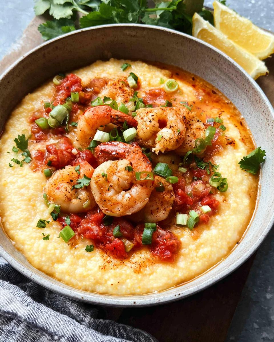 A bowl of creamy grits topped with seasoned shrimp, diced tomatoes, and green onions. Part of 25-Ingredient Shrimp Recipes.