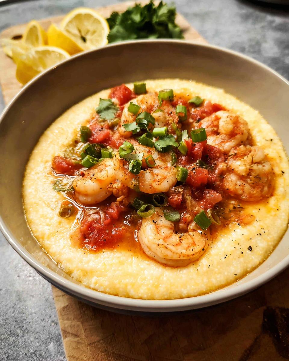 A bowl of creamy grits topped with seasoned shrimp, diced tomatoes, and chopped green onions. Part of 25-Ingredient Shrimp Recipes.