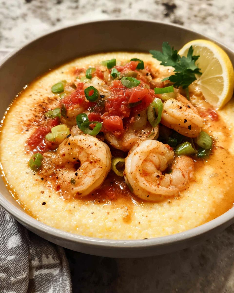 A bowl of creamy grits topped with seasoned shrimp, diced tomatoes, green onions, and a lemon wedge. A perfect example of 25-Ingredient Shrimp Recipes.