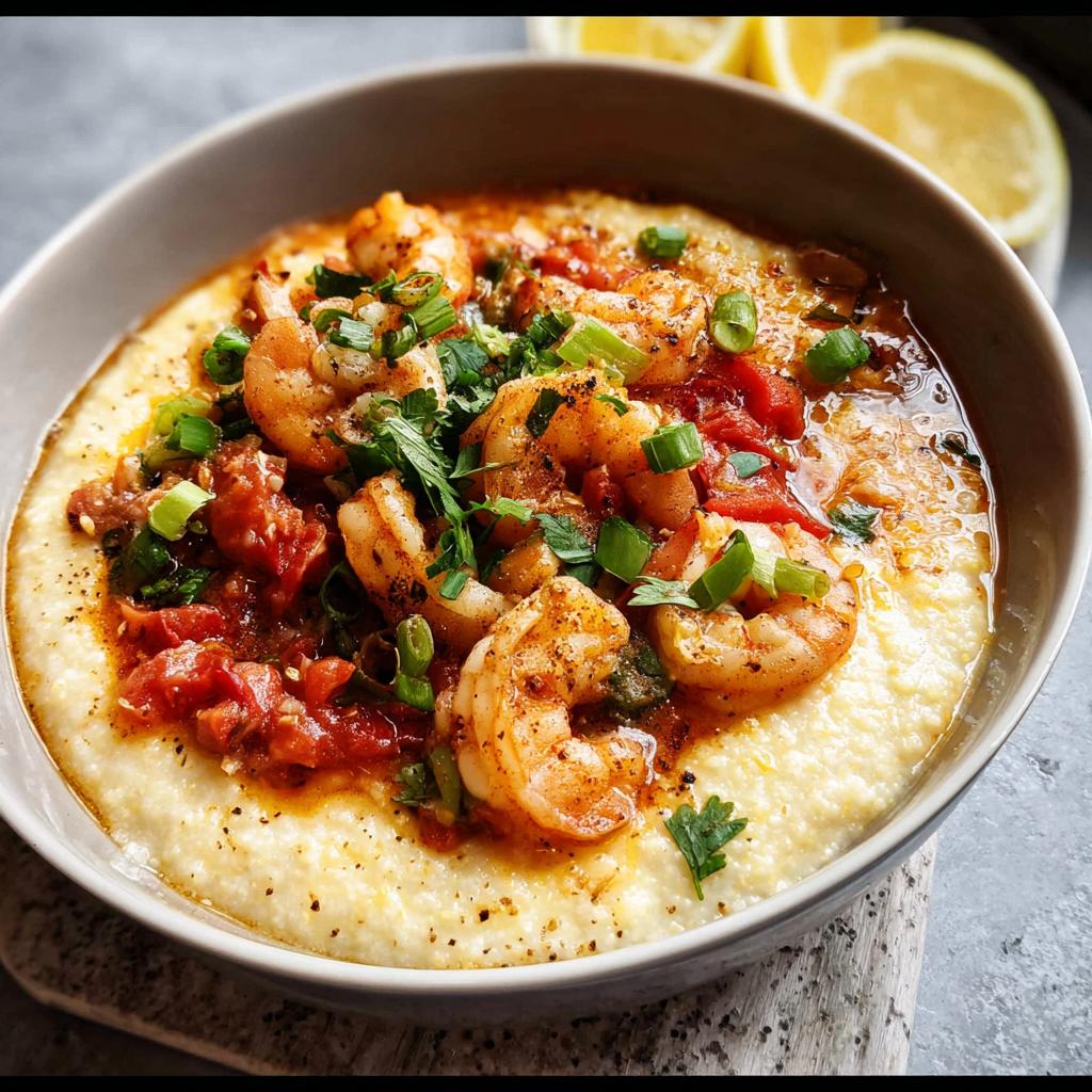 A bowl of creamy shrimp and grits, topped with seasoned shrimp, tomatoes, and green onions. Part of 25-Ingredient Shrimp Recipes.
