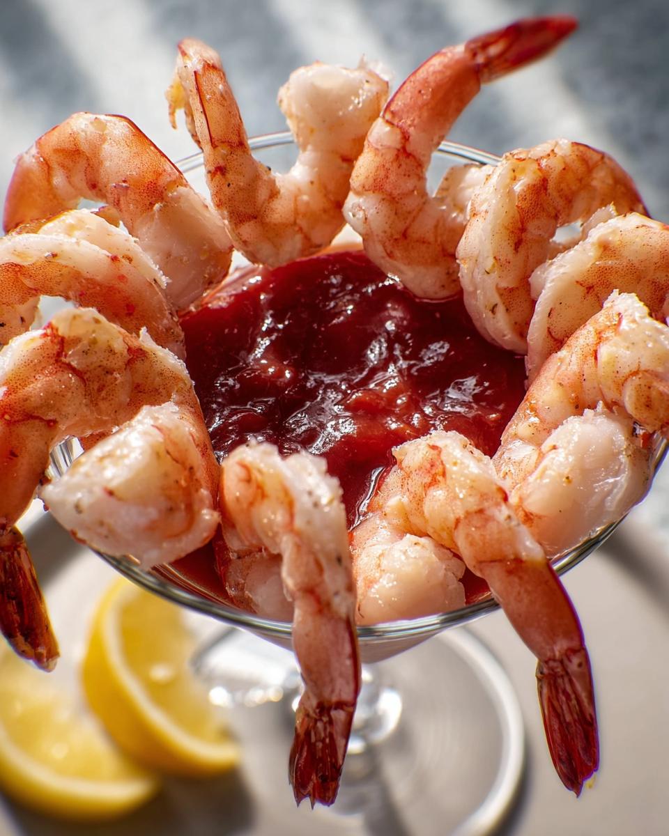 A classic shrimp cocktail appetizer with cooked shrimp arranged around a glass of cocktail sauce, served with lemon wedges.