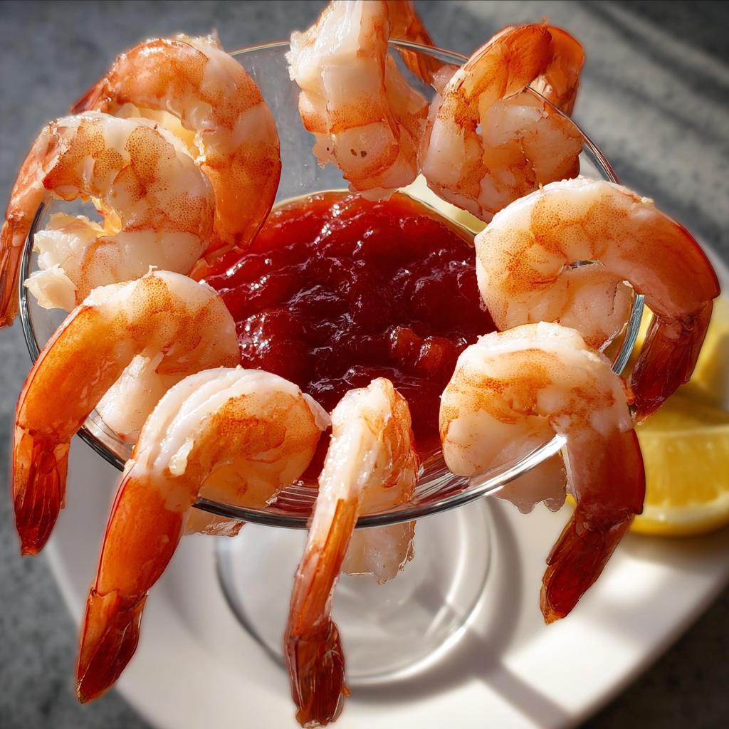 A classic shrimp recipe appetizer served in a glass bowl with cocktail sauce and lemon wedges.