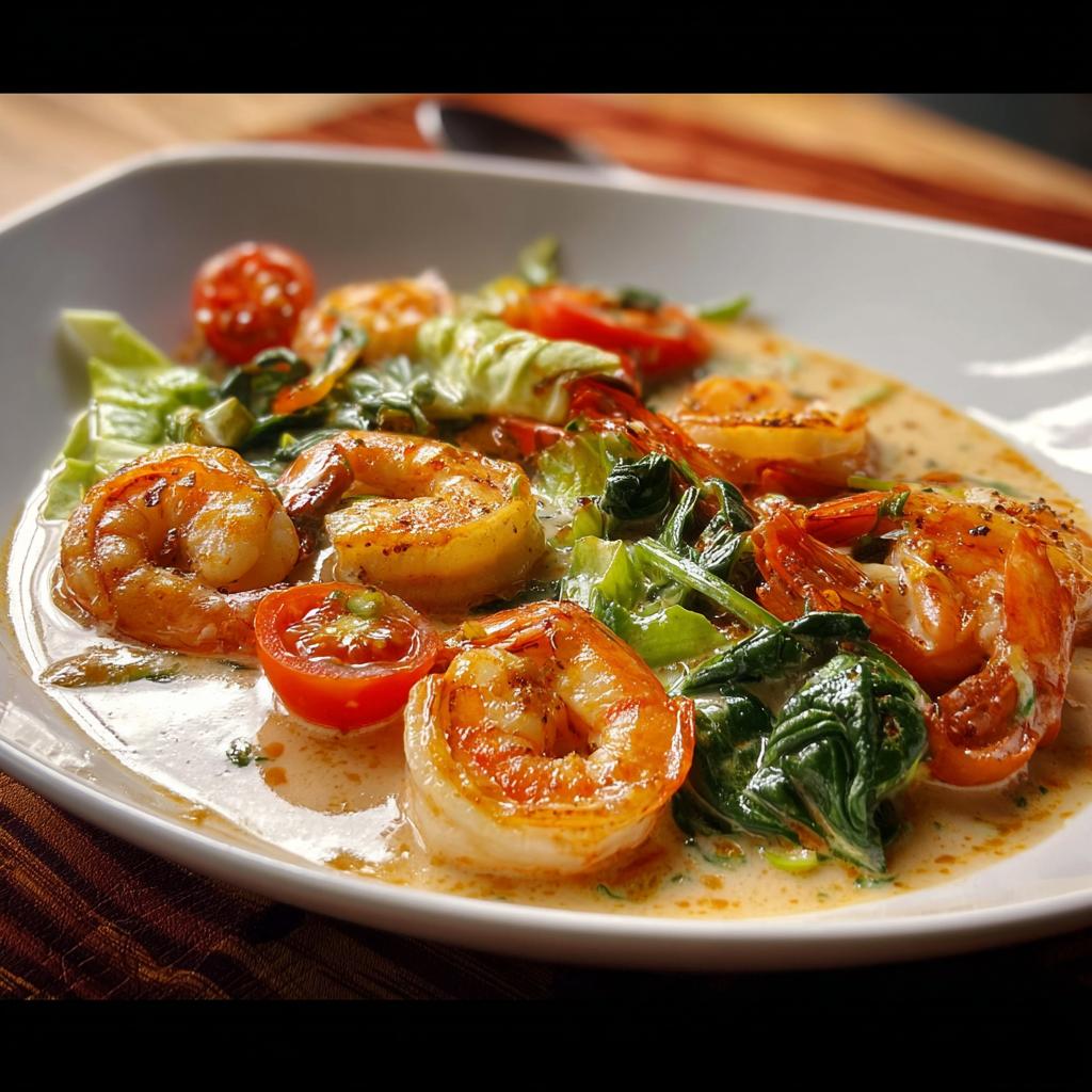 A close-up of a creamy shrimp recipe with cherry tomatoes, spinach, and lettuce.
