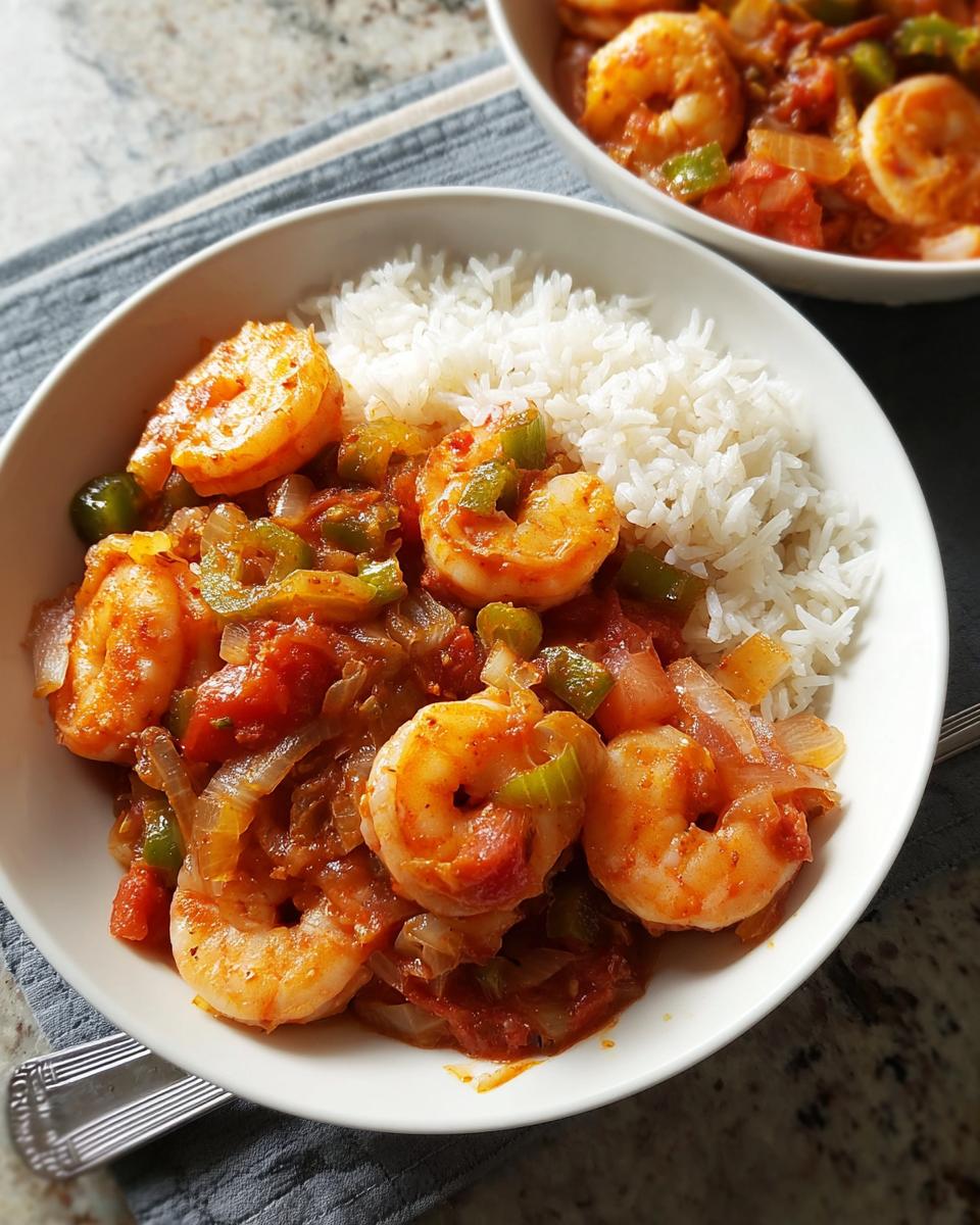 Close-up of a white bowl filled with fluffy white rice and a savory shrimp recipe, featuring plump shrimp, diced tomatoes, onions, and green peppers.