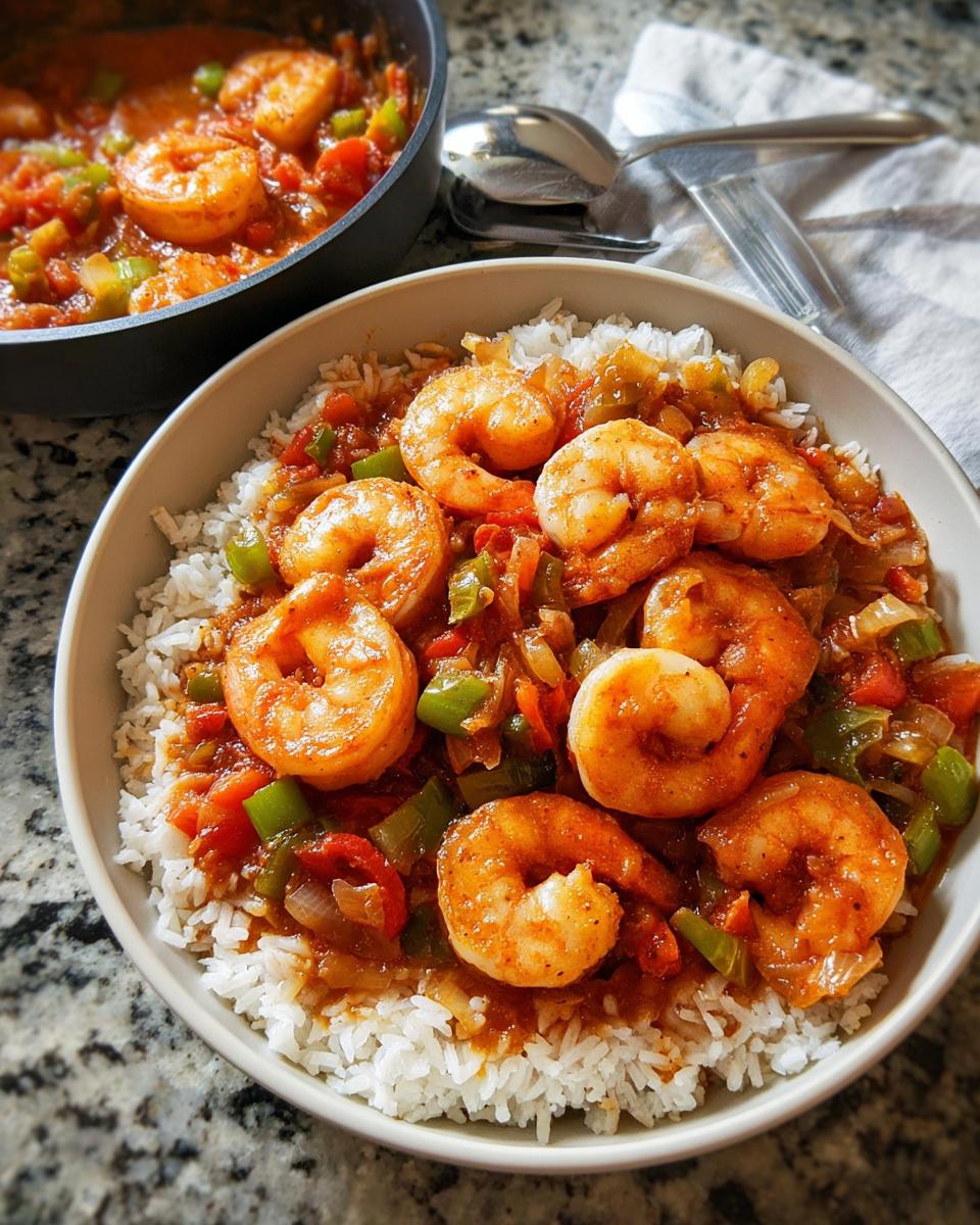 A bowl of white rice topped with seasoned shrimp and a vegetable tomato sauce. This is one of the best shrimp recipes.