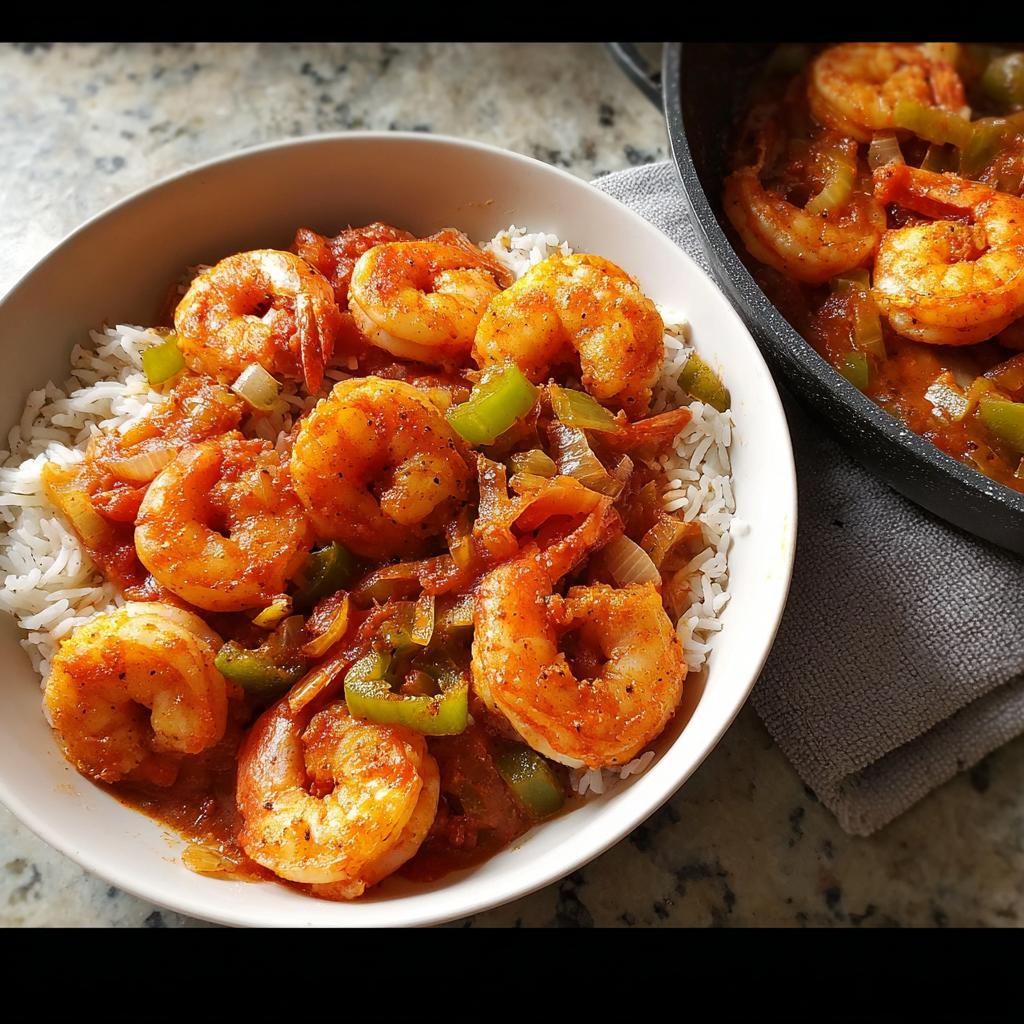 A bowl of white rice topped with a flavorful shrimp and vegetable mixture, part of delicious shrimp recipes.