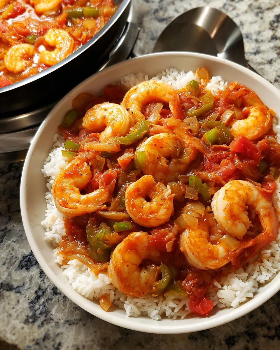 A bowl of white rice topped with a flavorful shrimp and vegetable stew, a perfect shrimp recipe.