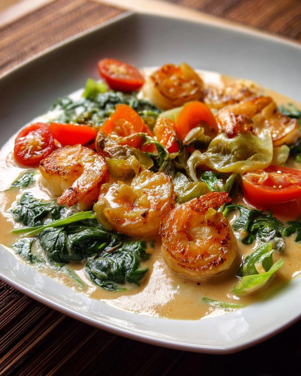 A close-up of a creamy shrimp recipe with wilted spinach, halved cherry tomatoes, and green peppers.