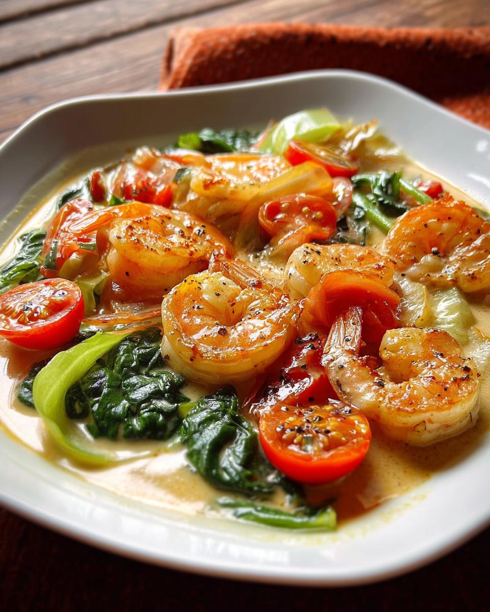 A close-up of a creamy shrimp recipe with cherry tomatoes and wilted greens.