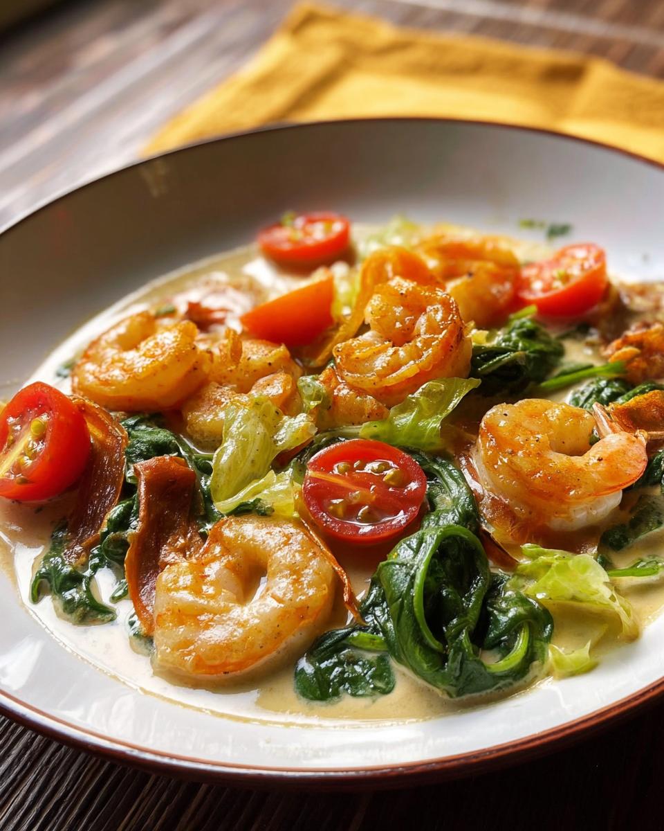 A close-up of a creamy shrimp recipe with cherry tomatoes, spinach, and lettuce.