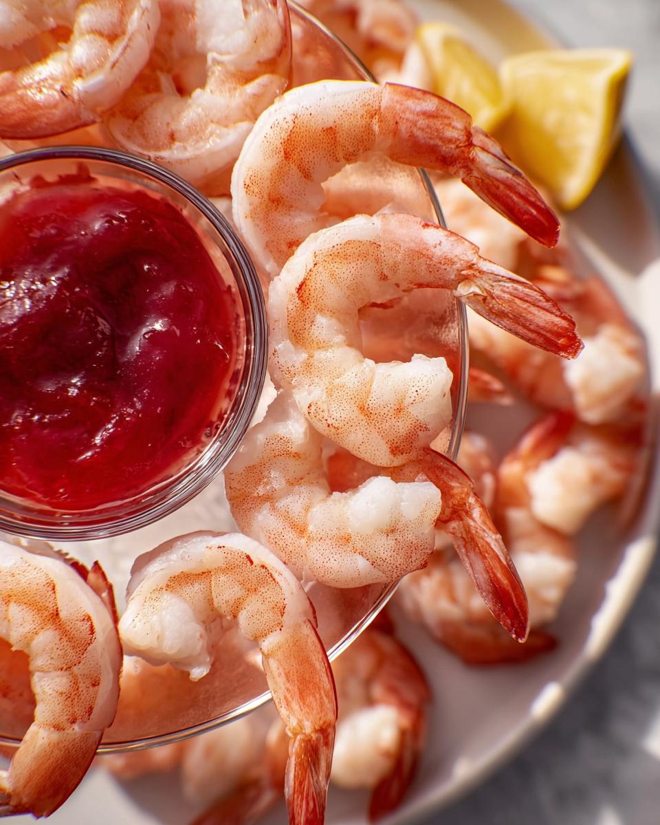 A close-up of perfectly cooked shrimp recipes, served with cocktail sauce and lemon wedges.