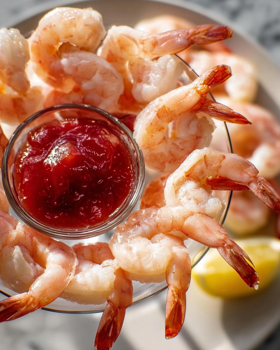 A close-up of perfectly cooked shrimp arranged around a small bowl of red cocktail sauce, with a lemon wedge in the background. Learn how to make shrimp recipes like a pro.