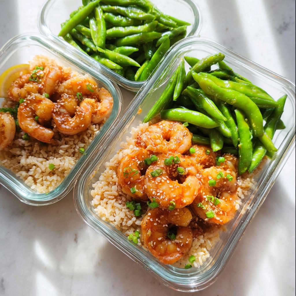 Two glass containers filled with shrimp recipes meal prep: brown rice, glazed shrimp, and snap peas.