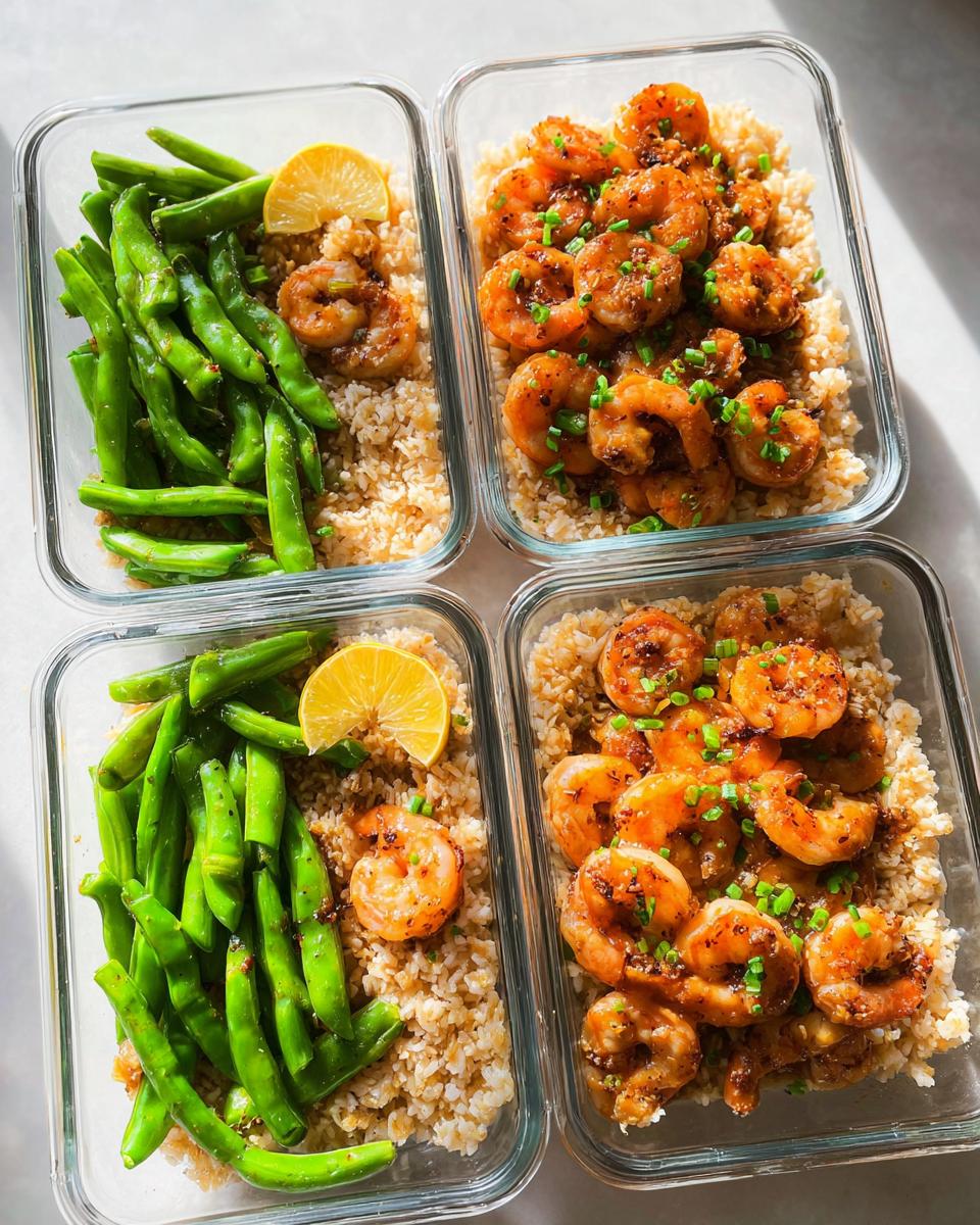 Four glass containers filled with meal prep: brown rice, seasoned shrimp, and green beans, perfect for shrimp recipes meal prep.