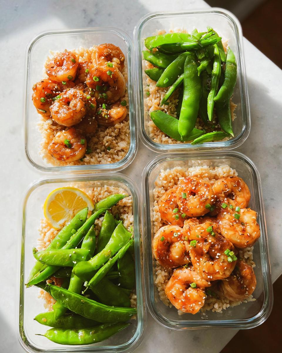 Four glass containers filled with shrimp recipes meal prep: shrimp with rice and snow peas, and rice with snow peas and lemon.