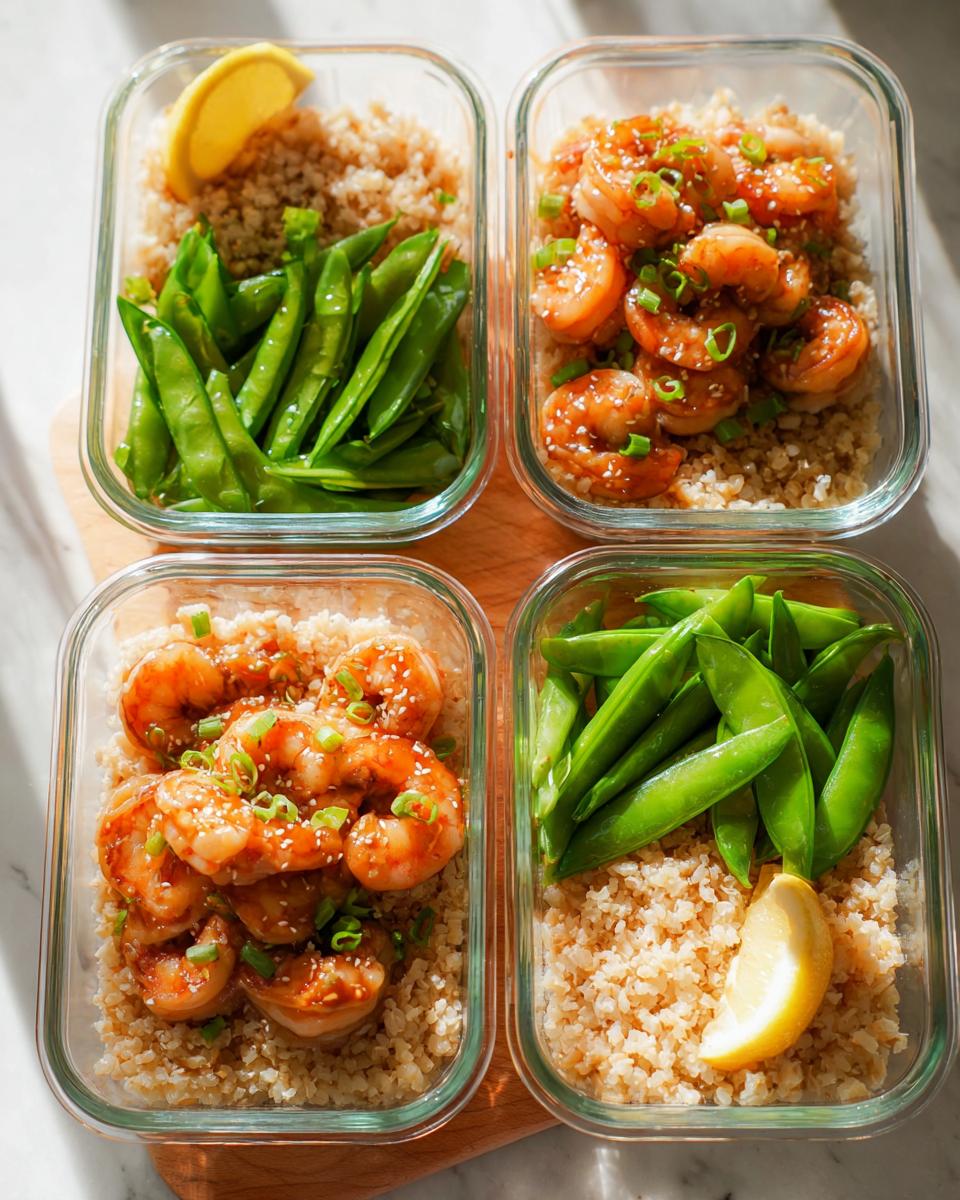 Four glass meal prep containers filled with shrimp recipes, including seasoned shrimp, snow peas, and cauliflower rice.